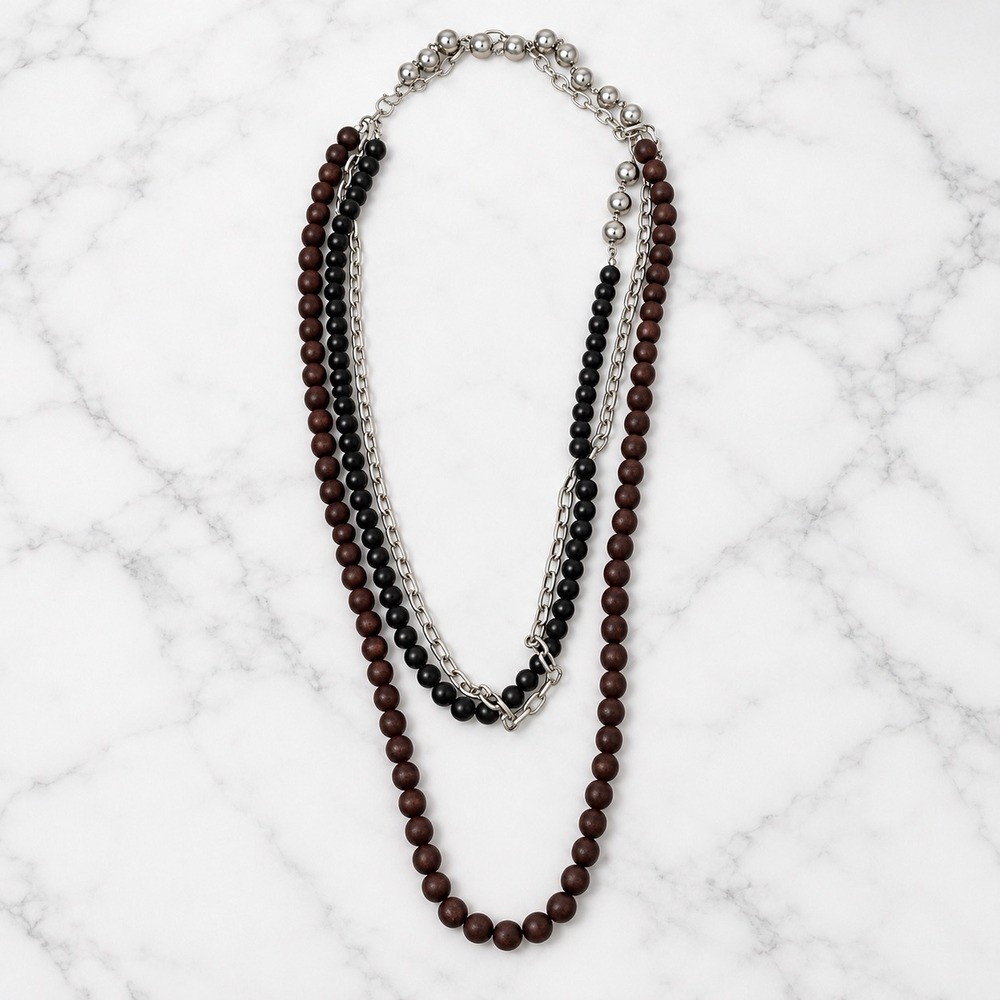 Multi-Strand Beaded Chain Necklace 27" Brown Black Silver Boho Grunge Indie